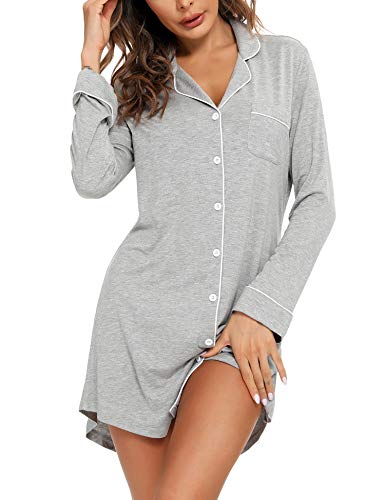 Samring Nightgowns for Women Long Sleeve Button Down Night Gown Sleepshirts - color: Light Grey, size: Medium