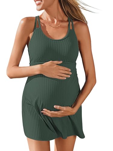 Summer Mae Ribbed Maternity Swimsuit Wrap Dress with Built-in Pocket Short - color: Green, size: 6-8