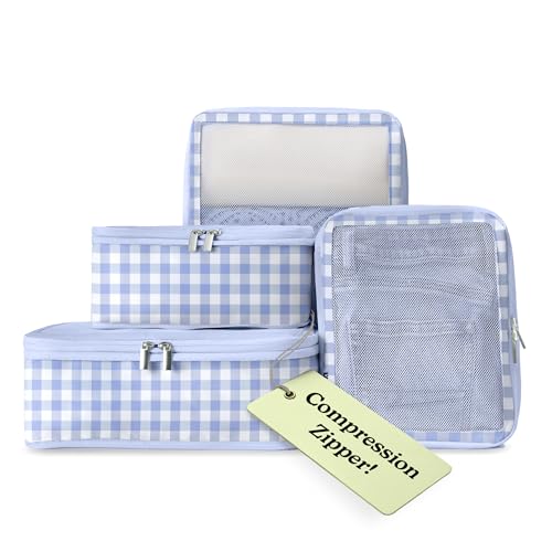 Vandel Space-Saving Compression Packing Cubes for Women 4-Pack Compressible - color: 1. Blue Gingham, size: 4 Pack (Compression)