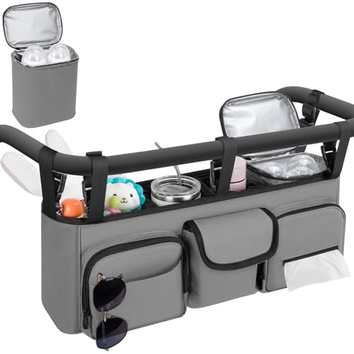 Double Stroller Organizer Compatible with Bob Duallie, with Cooler Bag - color: Grey