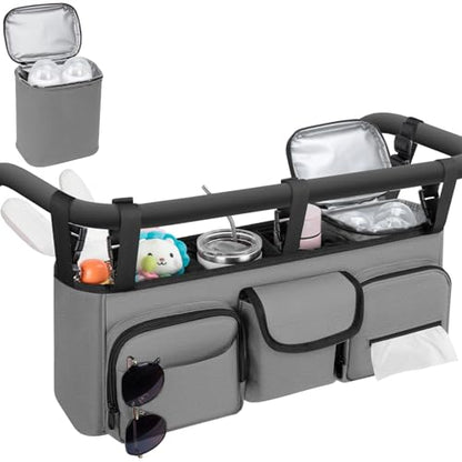 Double Stroller Organizer Compatible with Bob Duallie, with Cooler Bag - color: Grey