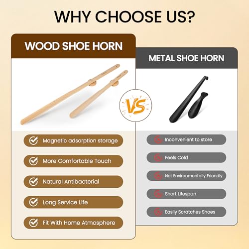 Extra Long Wooden Shoe Horn with Magnetic Holder, Beech Wood