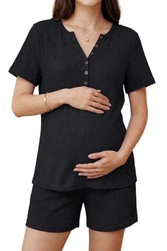 OUGES Women's 100% Soft Cotton Maternity Pajamas Sets Short Sleeve Pregnancy Postpartum 2 Piece Outfits Sleepwear - color: Black, size: X-Large