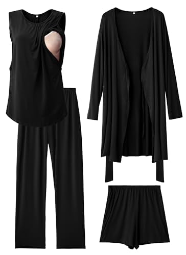 Rnxrbb 4 PCS Hospital&Home Nursing Pajamas Robe Set Maternity Postpartum Pj - color: Black, size: Medium