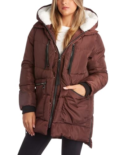 Steve Madden Womens Winter Jacket, Midlength Puffer Parka Coat, Sherpa Hood - color: Brown, size: X-Large