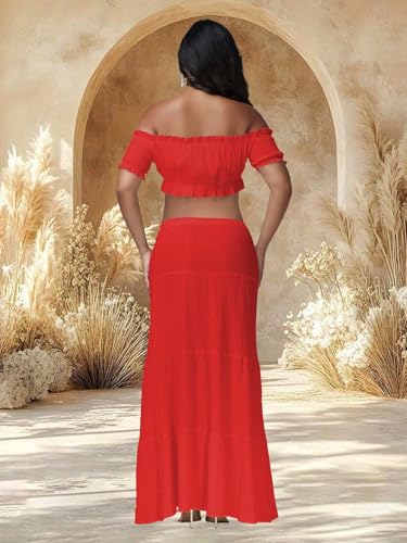 Maternity Boho 2 Piece Outfits Dress for Photoshoot Baby Shower - color: Red, size: Large