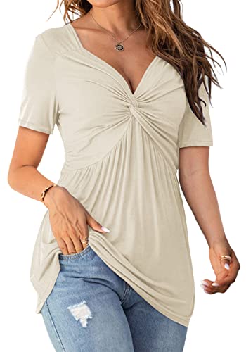 Tankaneo Womens Front Knotted V-Neck Blouse T Shirt Short Sleeve Oversized Tunic Tops Summer Solid Pullover Tees - color: A35-khaki, size: Medium