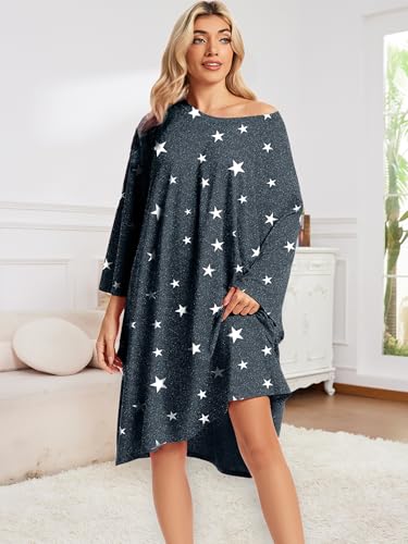 CRIPOM Plus Size Moo Moos for Women Oversized Sleep Shirts with Pockets - color: Grey Star