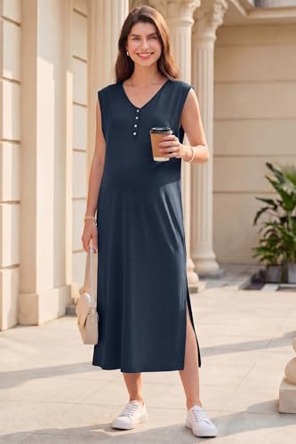 OUGES Women's Anti-Wrinkle Airy Layer Summer Maternity Dress V Neck Split Midi Nursing Dresses with Pockets 2026 - color: Navy, size: Medium