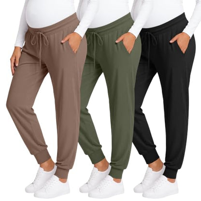 3 Pack Women Maternity Pants Pregnancy Lounge Jogger - color: Black, Army Green, Coffee, size: Medium