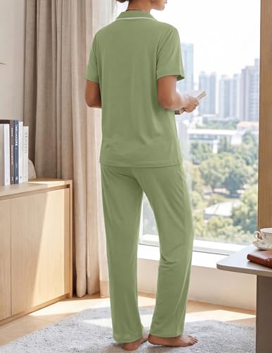 Womens Pajamas Sets 2 Piece Button Up Pj Sets Short Sleeve with Long Pant - color: Bean Greens, size: Medium