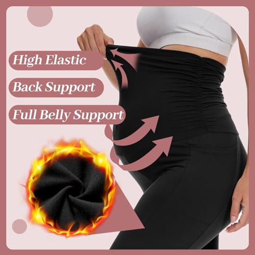 Happy.angel 2 Pack Maternity Fleece Lined Leggings with Pockets for Winter - color: Black/ Coffee, size: Large
