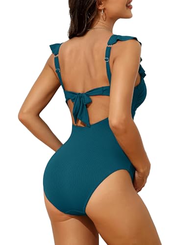 Charmo Ruffle Maternity Bathing Suits Ribbed Tie Knot Pregnancy Swimsuit - color: Turquoise, size: Large