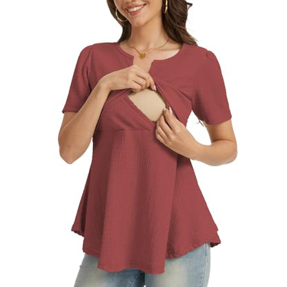 Bearsland Short Sleeve Nursing Top 3pack - color: Black & Dusty Blue & Begonia Red‌‌, size: XX-Large