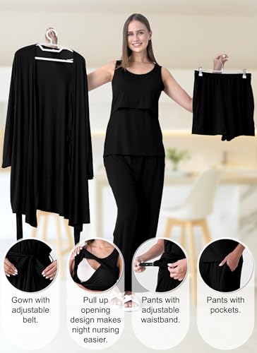 Rnxrbb 4PCS Year-Round Nursing Pajamas Robe Set Postpartum Breastfeeding Pj - color: Black, size: Medium