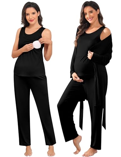 SWOMOG Maternity Nursing Robe Set 3 PCS Postpartum Breastfeeding Pajamas Lounge Hospital Pregnancy Pjs with Robe - color: Black, size: Medium