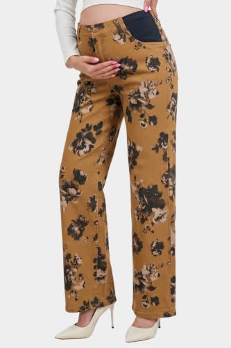 BLENCOT Women's Maternity Jeans Fashion Printed Pregnancy Denim Pants - color: Brown Floral, size: Medium
