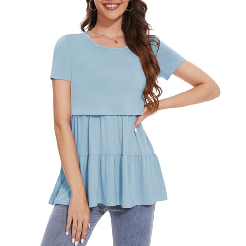 Bearsland Short Sleeve Nursing Top - color: Iron Gray‌ & Pastel Pink & Light Blue, size: Medium