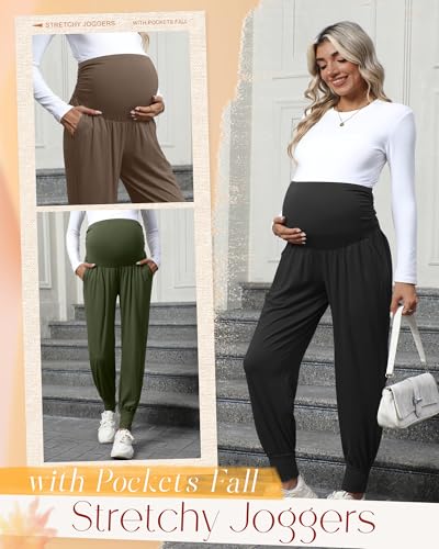 Neer 3 Pack Maternity Joggers Lounge Sweatpants with Pockets - color: Black, Army Green, Light Coffee, size: Small