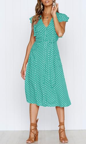 MITILLY Women's Boho Polka Dot Flutter Short Sleeve V Neck Button Down Swing Midi Dress with Pockets - color: 12 Lake Green, size: Medium