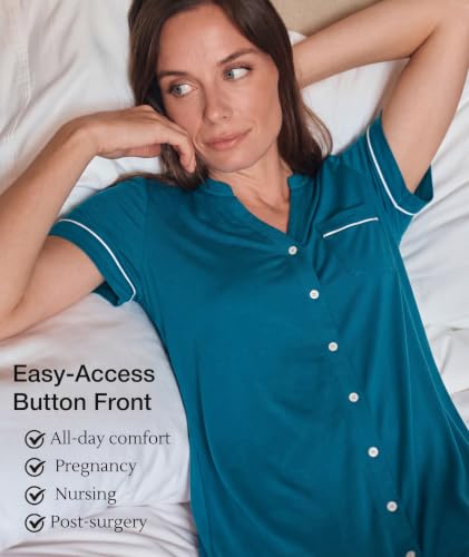 GYS Bamboo Viscose Nightgowns for Women Soft Button Down Sleep Shirt - color: Teal Blue, size: Large