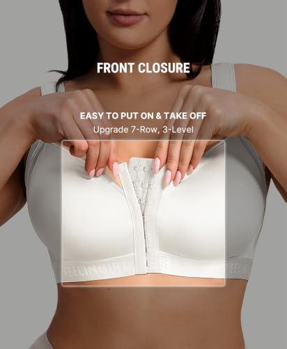 FeelinGirl Front Closure Post Surgery Compression Bra with Adjustable Straps Wireless Breast Augmentation Post Op Bras - color: White, size: Large