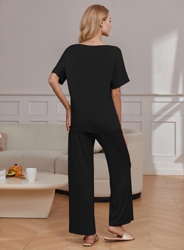 Ekouaer Pajama Sets Womens 2 Piece Short Sleeve Long Pants Pjs Lounge Set - color: Black, size: Large