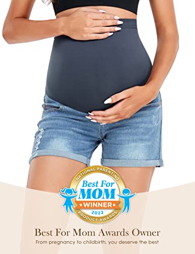 HOFISH Maternity Denim Jeans Shorts, Over-Belly Pregnancy, Super Stretchy - color: Light Blue, size: Small