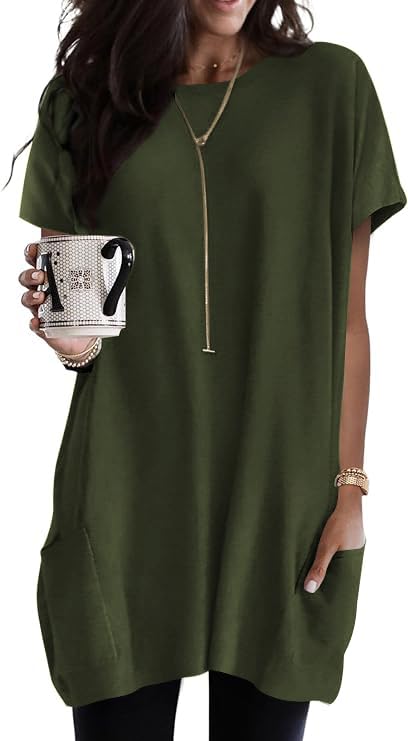 Poetsky Summer Womens Tunic Tops for Leggings with Pockets Short Sleeve Casual Long T Shirts S-3XL - color: Olive Green, size: Large