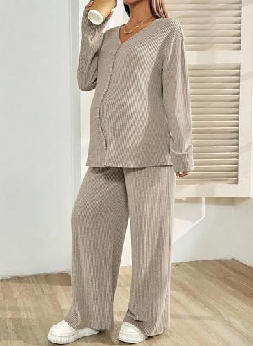 BLENCOT Maternity Lounge Set 2 Piece Long Sleeve Top and Pants with Pockets - color: Apricot, size: Medium