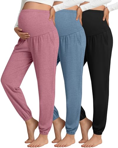 3 Pack Women's Maternity Jogger Pregnancy Sweatpants - color: Pink,blue,black, size: Small