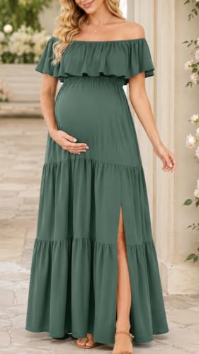 Talisea Maternity Off Shoulder Ruffle Maxi Dress Pregnancy Baby Shower - color: Green, size: Medium