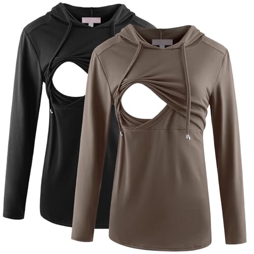 Bhome Nursing Shirt Long Sleeves Hoodie Breastfeeding Top Sweatshirt - color: Black/Coffee, size: Small