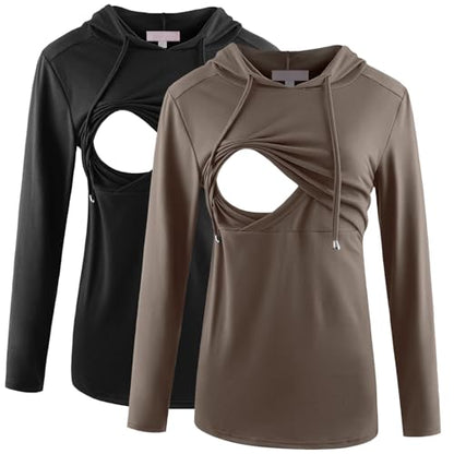 Bhome Nursing Shirt Long Sleeves Hoodie Breastfeeding Top Sweatshirt - color: Black/Coffee, size: Small