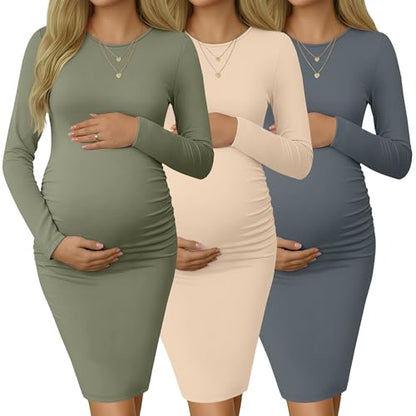 Riyiper 3 Pack Women's Long Sleeve Maternity Dresse - color: Army Green, Apricot, Dark Gray, size: Small