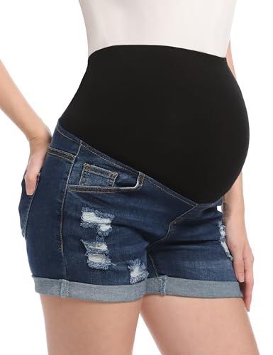 Maternity Denim Shorts High Waist - color: Dark Blue, size: Large