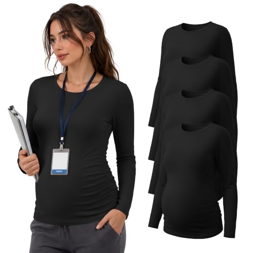 Locoowai 4 Pack Long Sleeve Maternity Underscrub Tops for Nurses - color: Black, size: X-Large