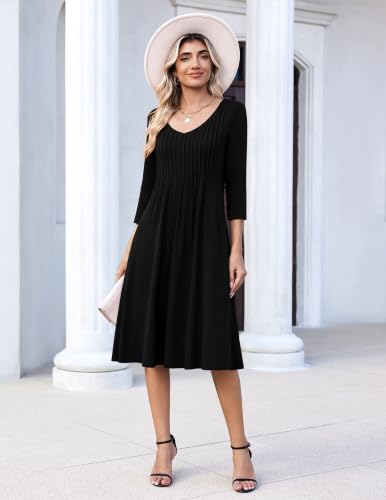 Zeagoo 3/4 Sleeve Women's Dress Pleated Midi Casual Dresses with Pockets - color: Black, size: Medium