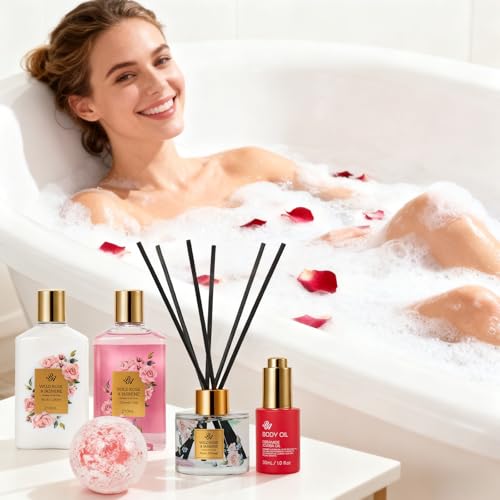 35 Pcs Gift for Women, Red Rose Bath & Body Basket Gift, Spa Gift Basket