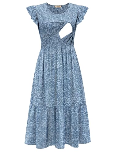 CzzzyL Women's Nursing Dress Flutter Sleeve Crew Neck Smocked Midi Pockets - color: Floralblue, size: Small