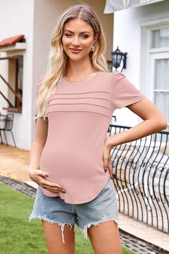 OUGES Womens 2026 Maternity Tops Shirts Pleated Short Sleeve Crew Neck Tunic Summer Casual Pregnancy Clothes - color: Pink, size: Small