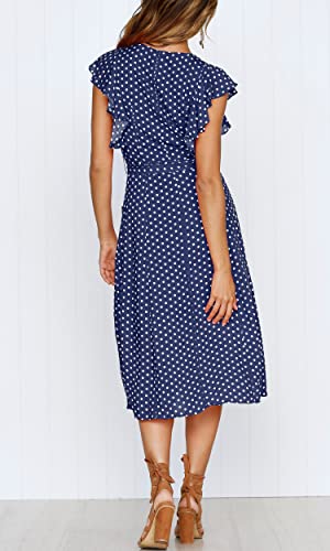 MITILLY Women's Boho Polka Dot Flutter Short Sleeve V Neck Button Down Swing Midi Dress with Pockets - color: 02 Dark Blue, size: Small
