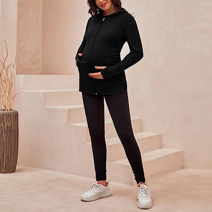DEBELLY Maternity Sweatshirt Zip Up Hoodie Pockets Pregnancy Postpartum - color: Black, size: Medium