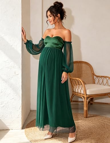 Tulle Maternity Maxi Dress Off Shoulder Baby Shower Dress - color: Darkgreen, size: Medium