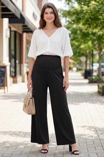 OUGES Womens Lyocell Cotton Maternity Pants Over Belly Smocked Waist Stretchy Casual Wide Leg Palazzo Pants with Pockets - color: Black, size: Small