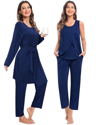 SWOMOG Maternity Nursing Robe Set 3 PCS Postpartum Breastfeeding Pajamas Hospital Pregnancy Pjs Double Layer Lounge Set - color: Navy Blue, size: Medium