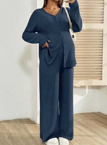 BLENCOT Maternity Lounge Set 2 Piece Long Sleeve Top and Pants with Pockets - color: Dark Blue, size: Small