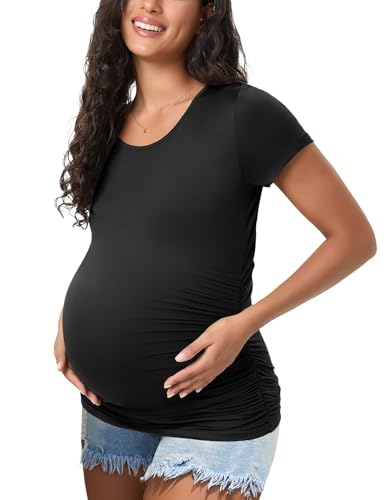 Happy.angel Women's Maternity Shirts Short Sleeve Pregnancy Top Tees - color: Black, size: Medium