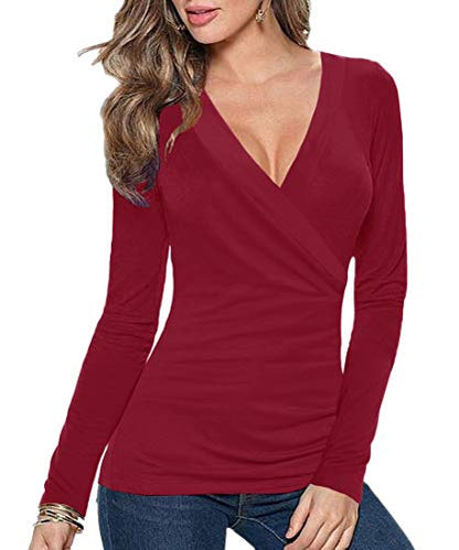 Afibi Womens Slim Fitted Deep V Neck Cross Wrap Top Long Sleeve T-Shirts - color: Burgundy, size: Medium