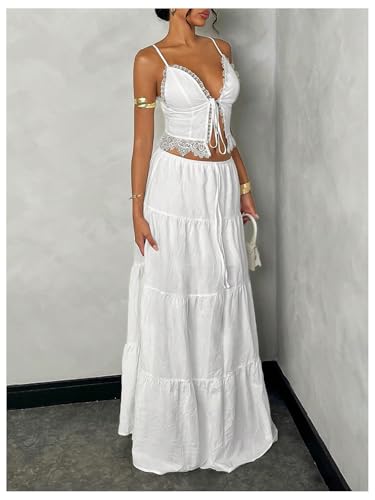 Floerns Women's 2 Piece Outfit Tie Front Camisole Top Tiered Maxi Skirt Set - color: White, size: X-Small